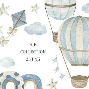 Luchtverzameling. Aquarel hete lucht ballonnen clipart, kinderkamer wand decor, baby shower, jongen, kinderen, kunst aan de muur, digitale download, png