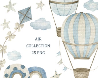Air Collection. Watercolor hot air balloons clipart, nursery wall decor, baby shower, boy, kids, wall art, digital download, png
