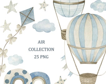 Air Collection. Watercolor hot air balloons clipart, nursery wall decor, baby shower, boy, kids, wall art, digital download, png