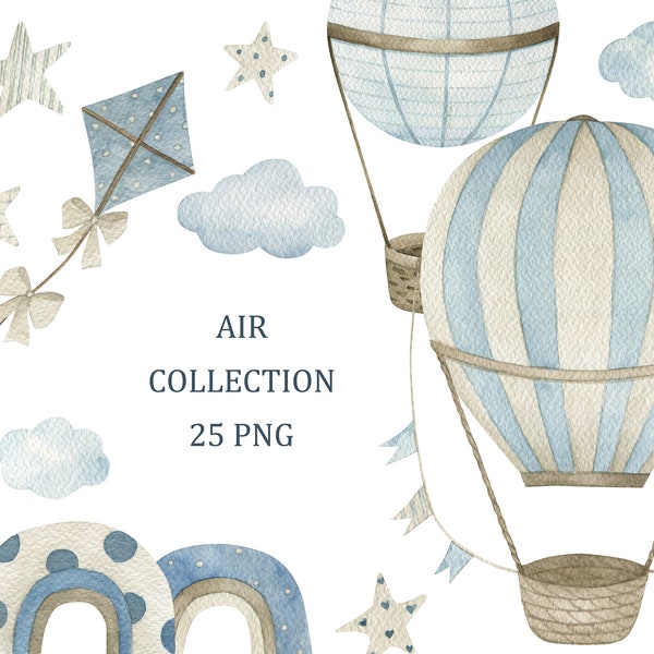 Collecte aérienne. Clipart aquarelle de montgolfières, décoration murale pour chambre de bébé, baby shower, garçon, enfants, art mural, téléchargement numérique, png