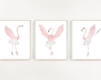 Set Of 3 Prints Dancing Flamingo Watercolor  Pink Flamingo Print  Decor Art Printable Wall Art Ballet Art Instant DOWNLOAD 8x10 inches