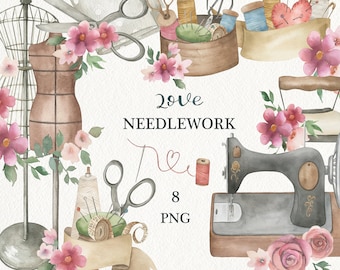 Watercolor sewing collection cliparts. Needlework clip arts, logo, PNG