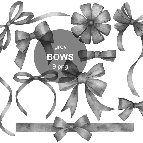 Watercolor Grey Bows, Ribbons Collection Clip Art. Halloween shower, birthday card making, instant download