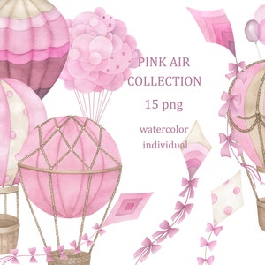 Pink Air Collection. Watercolor hot air balloons clipart,  nursery wall decor, birthday, baby shower, baby girl, digital download, png