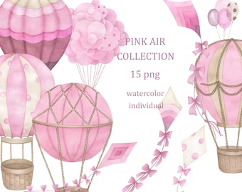 Pink Air Collection. Watercolor hot air balloons clipart,  nursery wall decor, birthday, baby shower, baby girl, digital download, png
