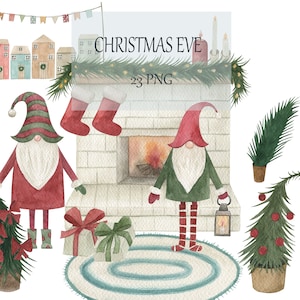Vigilia di Natale. Clipart ad acquerello, gnomi, nordico, scandinavo, camino, inverno, regali, fiaba, festa, Natale