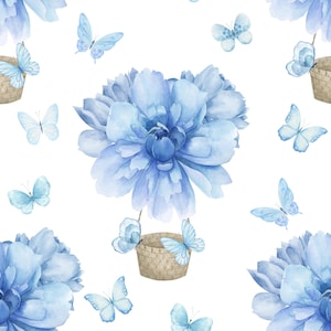 Collezione di motivi senza cuciture con palloncini carini floreali blu acquerello con farfalle. Stampa su tessuto, uso commerciale, download digitale