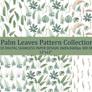 Tropical Palm Leaves Pattern Collection. Watercolor seamless background.  Printable scrapbooking paper pages, fabric design. 12x12&#39;&#39;, JPEG.