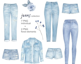 May include: A watercolor illustration of a collection of seven different styles of blue jeans, including a denim jacket, shorts, and pants. The illustration also includes two floral elements.