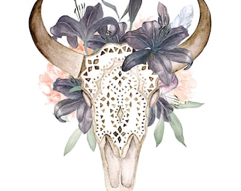 Watercolor skull with antlers in flowers, hand painted, ornament, peonies, feathers, lilac, floral, invite, tribal, diy, flowers, boho deer
