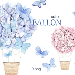 Aquarell floraler süßer Ballon mit Schmetterlingen Clipart. Frühlings-Fantasie-Clipart, PNG