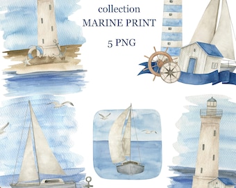 Watercolor Marine Print  Collection.  Lighthouse, Ship, Seagulls, Ocean, Nautical, nursery wall decor, baby, boy, PNG