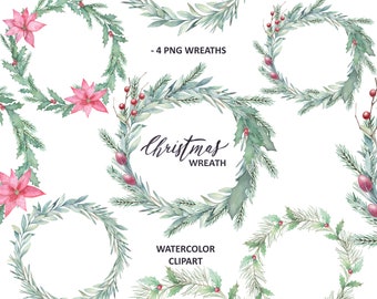 Watercolor Pine Wreaths Clipart. Christmas Holiday Frame.