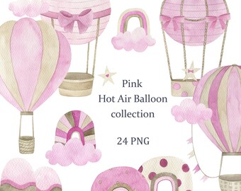 Pink Hot Air Balloon Collection. Watercolor  balloons clipart, nursery wall decor, baby shower, girls, kids, wall art, digital download, png