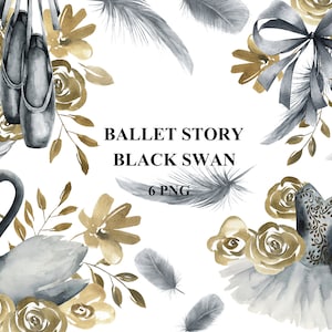 Black Swan Lake clipart. Watercolor Ballet Wreath, Pointe Shoes,  Tutu Dress, Crown, Feather