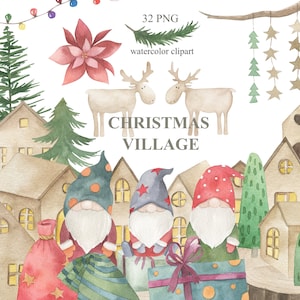 Clipart del villaggio scandinavo di Natale. Case dell'acquerello, gnomi, decorazioni natalizie