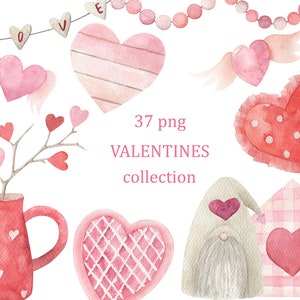 Watercolor Valentine&#39;s Day Clipart Set. Hearts, Gnomes, digital download, PNG