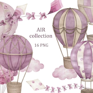 Colección de aire. Imágenes prediseñadas de globos aerostáticos de acuarela, decoración de la pared de la guardería, niña, descarga digital, png