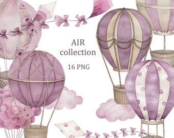 Air Collection. Watercolor hot air balloons clipart, nursery wall decor, baby girl, digital download, png