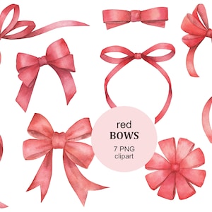 Watercolor Red Bows, Ribbons Collection Clip Art. Baby shower, birthday card making, instant download