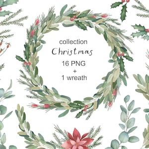 Watercolor Christmas Collection. Wreath, eucalyptus, mistletoe, spruce, holly, poinsettia, png