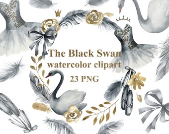 Black Swan Lake clipart. Watercolor Ballet, Pointe Shoes,  Tutu Dress, Crown, Feather