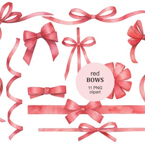 Lazos Rojos Acuarela2, Clip Art Colección Cintas. Baby shower, fabricación de tarjetas de cumpleaños, descarga instantánea