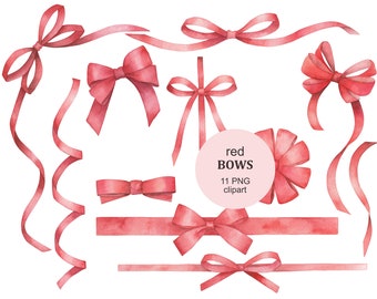 Watercolor Red Bows2, Ribbons Collection Clip Art. Baby shower, birthday card making, instant download