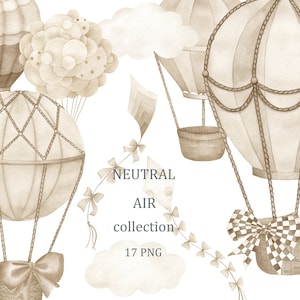 Neutral Air Kollektion. Aquarell Heißluftballons Clipart, Babyparty, Geburtstag, Kinderzimmer, beige wanddekor, Baby, digitaler Download, png