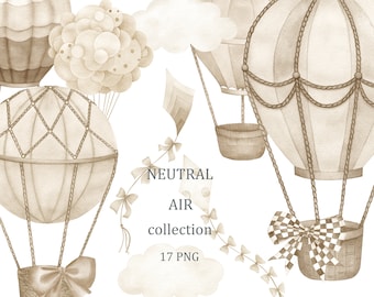 Collezione Neutral Air. Clip art di mongolfiere ad acquerello, baby shower, compleanno, decorazione murale beige per la cameretta, neonato, download digitale, png