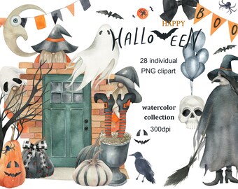 Halloween Party Decor Clipart Collection. Watercolor Gnomes, Witch, Pumpkins
