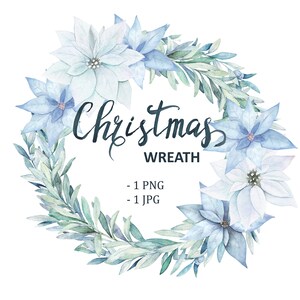 Clipart de guirlanda de Natal em aquarela. Quadro de férias de inverno com poinsétia azul celeste e ramo de eucalipto, PNG
