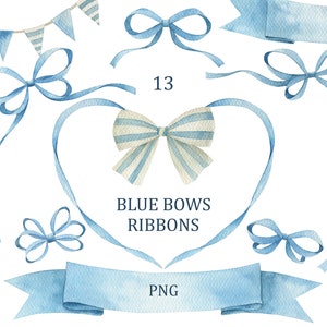 Aquarell blaue Schleifen, Bänder-Sammlung ClipArt. Babyparty, Junge, Geburtstagskartenherstellung, Hochzeit, Einladung, direkter Download
