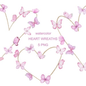 Valentines Heart Collection mit Schmetterlingen. Aquarell Rahmen, für Mädchen, Kinder, Einladungen, Valentinstag, PNG