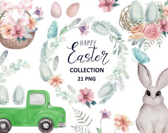 Aquarell Ostern Clipart, süße Hasen Clipart, Ostereier, Blumen, LKW. Sofortiger digitaler Download, PNG