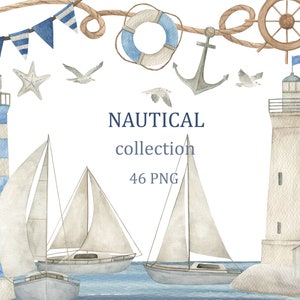 Aquarell Nautische Clipart-Sammlung. Leuchtturm, Schiff, Möwen, Ozean, Marine Cliparts, Kinderzimmer Dekoration, Baby, Junge, PNG