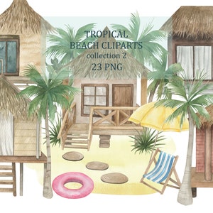 Colección 2 de imágenes prediseñadas de playa tropical en acuarela, casas, palmeras, hojas, PNG
