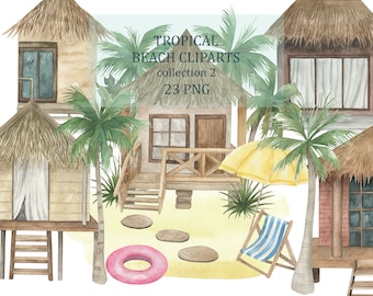 Watercolor Tropical Beach Cliparts Collection 2, Houses, Palm Trees, Leaves, PNG