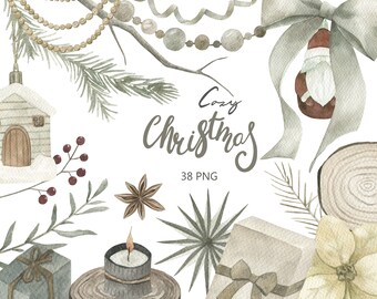 Watercolor Cozy Christmas Collection.  Watercolor vintage clipart, Christmas, bows, decorations, spruce, fir,  PNG