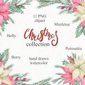Coleção de clipart de buquês de Natal em aquarela com poinsétia, azevinho, visco e ramos de abeto