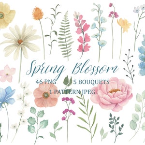 Spring Blossom,  Watercolor Flower, Flower Clipart, Blue, Pink Floral Clipart,  Wedding Invitation, Wildflower, PNG, Pattern, Bouquets