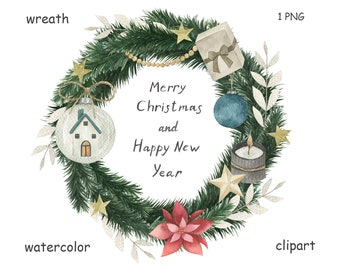 Watercolor  Christmas Wreath With Candle, Decorations, Stars, Clipart, PNG. Holiday Frame