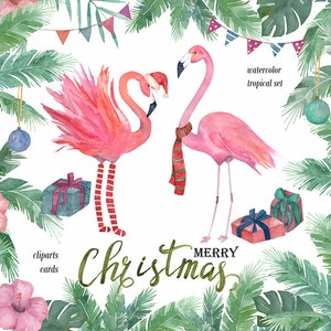 Watercolor Tropical Christmas Cliparts with Flamingo, Palms. Christmas invitation, diy clip art, frame