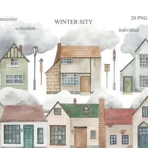 Winter City Clipart Collection. Watercolor cottages, cars, spruce, road, png.