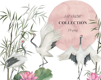 Japanese Watercolor Collection, Crane, Lotus, Sakura, Bamboo clip art, PNG