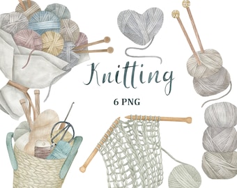 Watercolour Knitting collection. Crochet and Knitting clip art, PNG