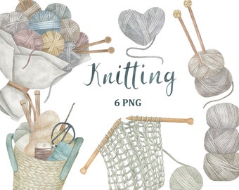 Watercolour Knitting collection. Crochet and Knitting clip art, PNG