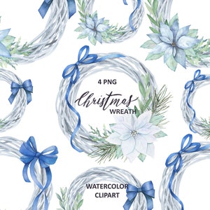Clipart de grinalda em aquarela. Quadro de férias de Natal com flores azul-celeste, convite de casamento