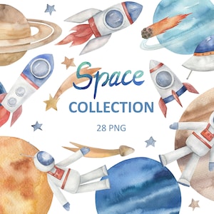 Collezione di clipart spaziali dell'acquerello, spazio esterno, astronauta, astronave, razzo, stelle, PNG, download istantaneo