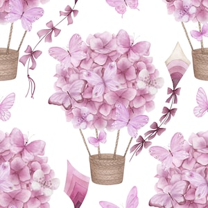 May include: A watercolour illustration of a hot air balloon made of pink hydrangeas with butterflies flying around it. The balloon is tied to a basket with a pink ribbon.